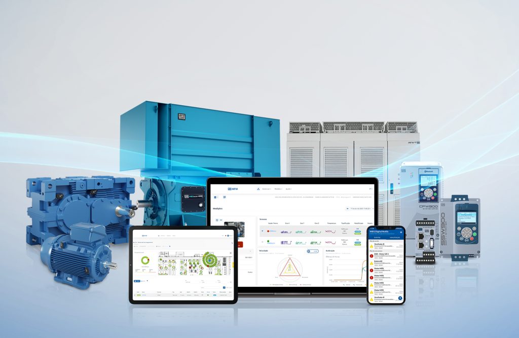 A imagem representa o portfólio de produtos que constitui a solução de gestão de ativos, o WEG Motion Fleet Management.