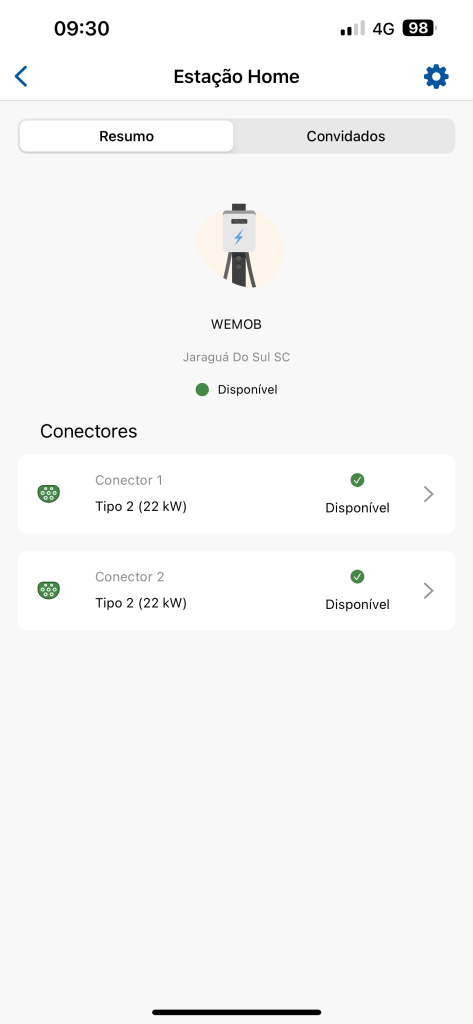 Configure os conectores no app WEMOB de estações de recarga para veículos elétricos.