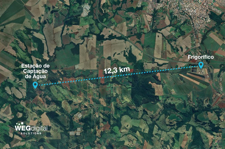 A imagem mostra a distância de 12,3km entre o frigorífico e a estação de captação de água