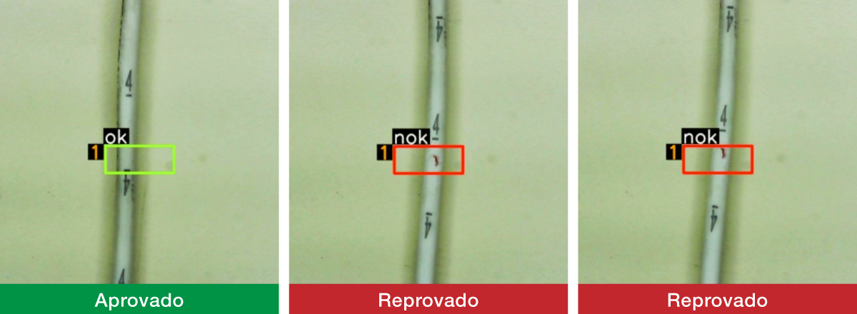 Exemplos de inspeção de cabos OK (aprovados) e NOK (reprovados)