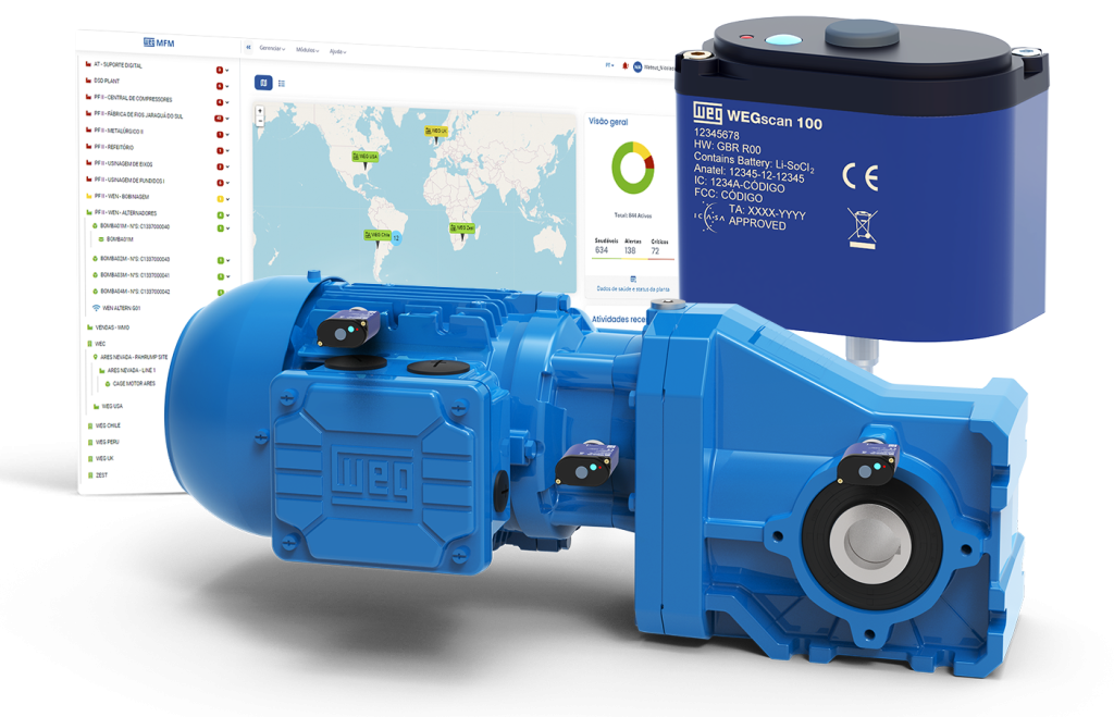 Solução de gestão de ativos da WEG que combina software e hardware para análise de equipamentos industriais.