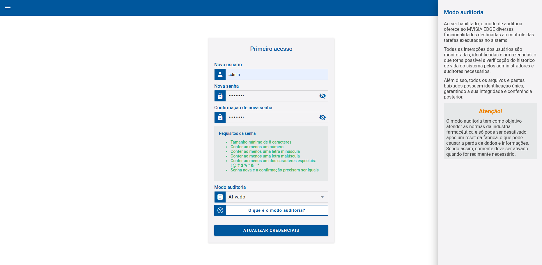 Tela de primeiro acesso do Sistema de Visão Computacional WEG com modo auditoria ativado, mostrando requisitos de senha e informações de conformidade