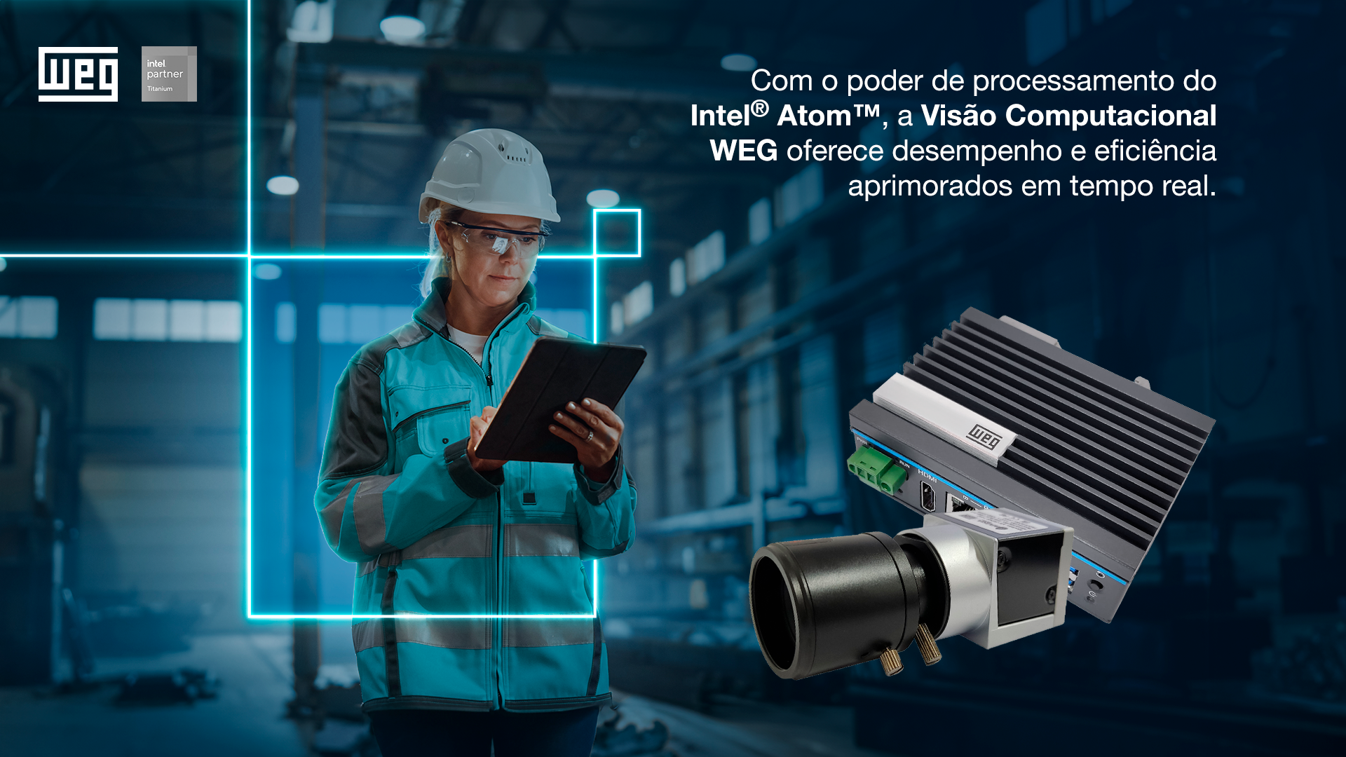 Mulher trabalhadora da indústria com tablet na mão em parceria com a Intel