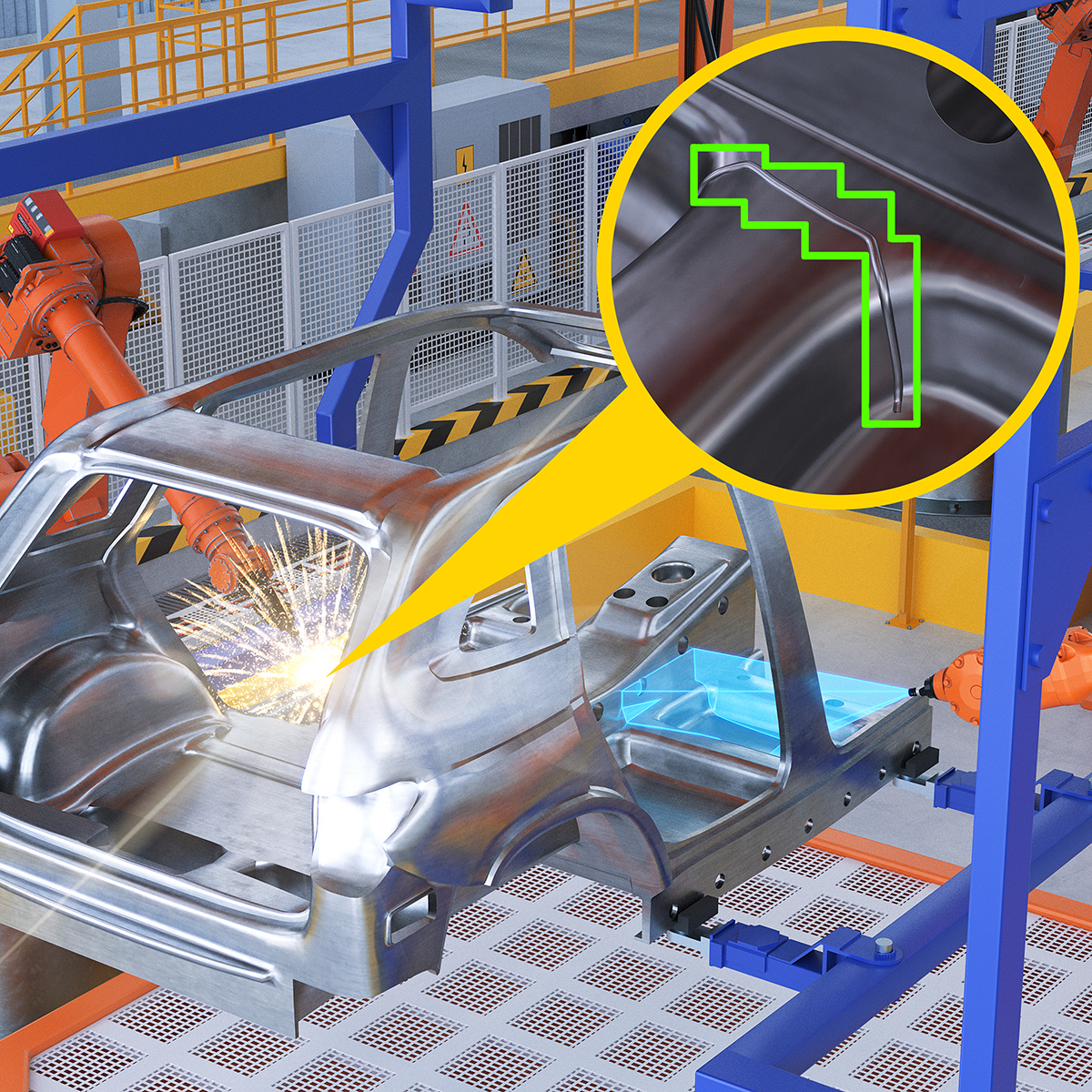 Robôs industriais realizando soldagem em carroceria de automóvel em uma linha de produção automatizada, utilizando sistema de visão computacional para controle de qualidade.