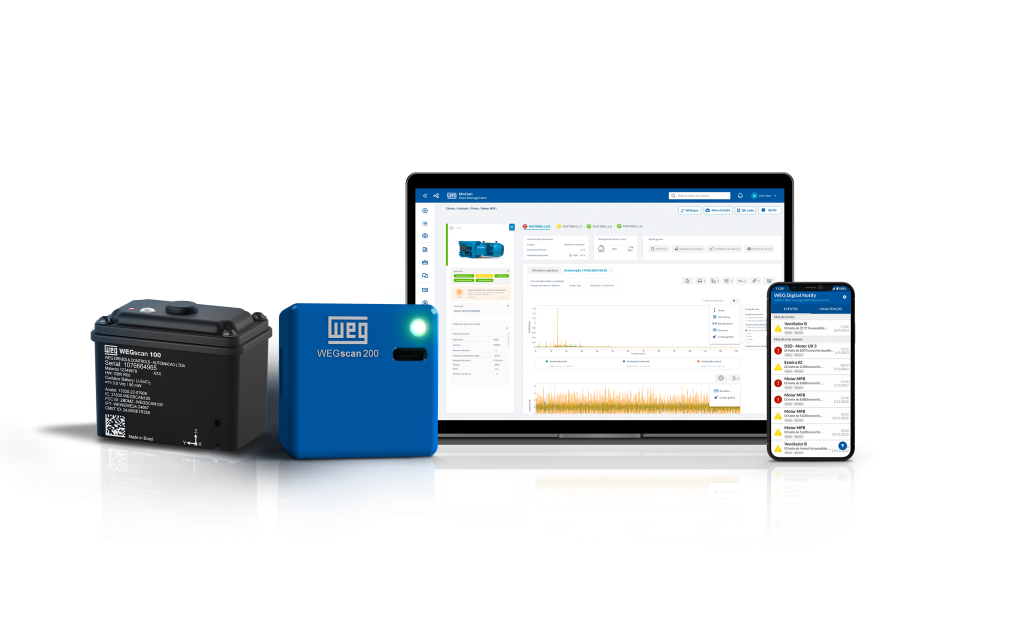 WEGscan100 e WEGscan200 junto a um notebook e smartphone com telas do ecossistema de gestão de ativos da WEG