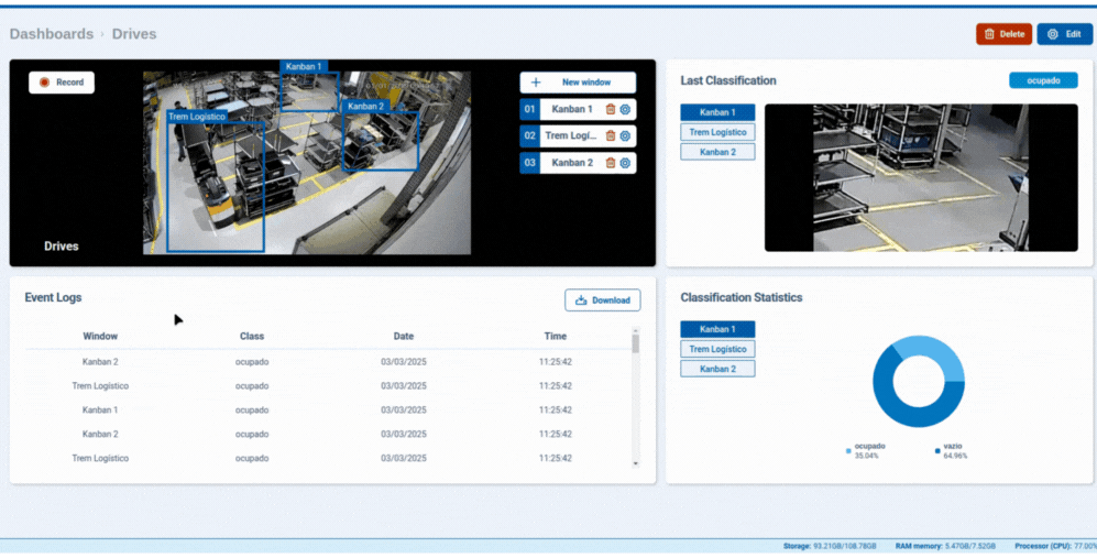 Monitoramento logístico com WEGvision.AI usando visão computacional para controle de kanbans e trem logístico.