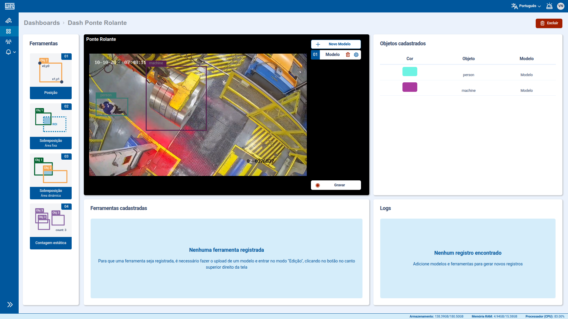 Dashboard do WEGvision.AI mostrando configuração de regras e detecção de objetos em ponte rolante