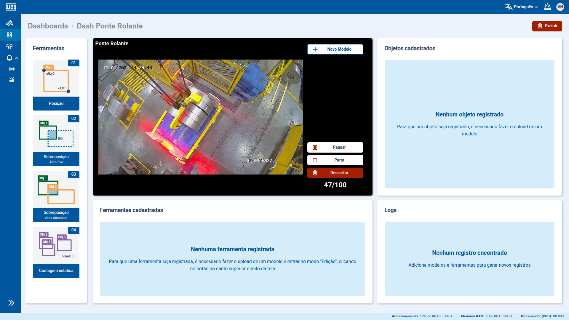 Dashboard do WEGvision.AI mostrando detecção de objetos e sobreposição de área em ponte rolante