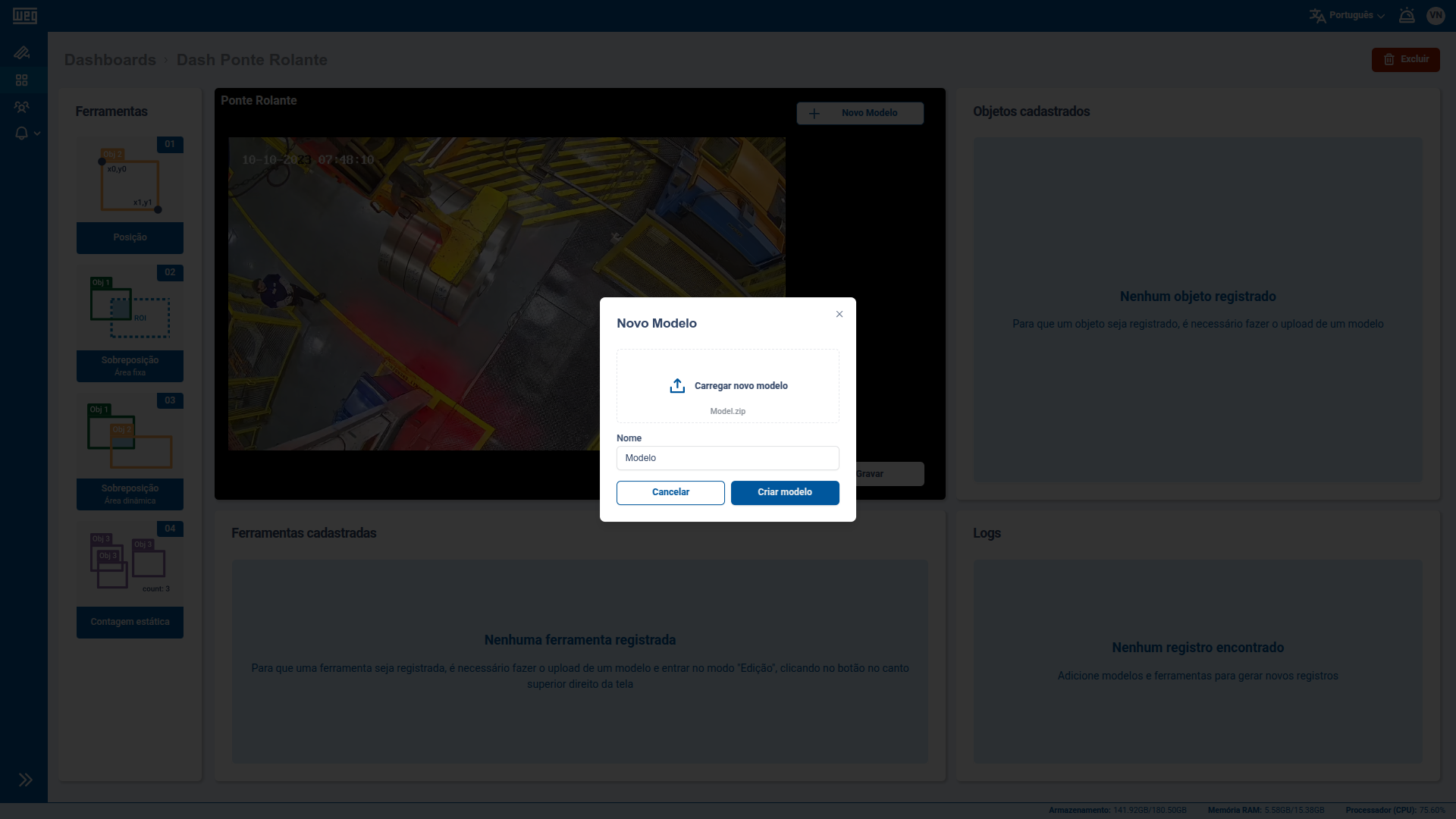 Tela do WEGvision.AI com pop-up para importar modelo treinado e configurar aplicação industrial