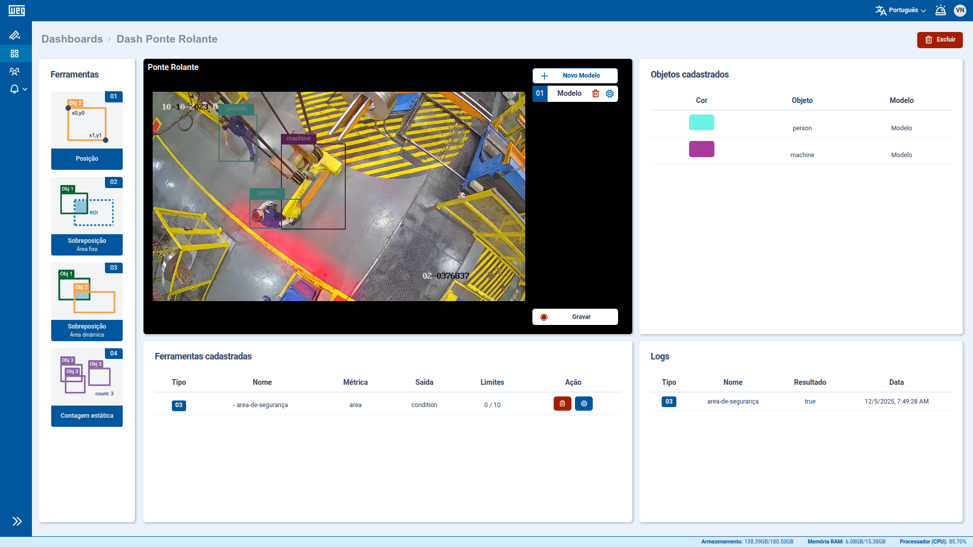 Dashboard do WEGvision.AI mostrando regra configurada e acionamento de alerta via sistema de alarmes MQTT