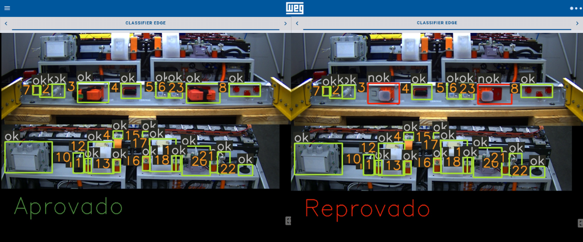 Interface do Classifier Edge do Sistema de Visão Computacional WEG mostrando pack de baterias aprovado à esquerda e reprovado à direita com componentes NOK destacados em vermelho