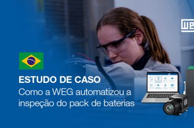 Colaboradora inspeciona pack de baterias com o Sistema de Visão Computacional WEG