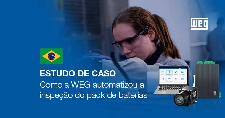 Colaboradora inspeciona pack de baterias com o Sistema de Visão Computacional WEG