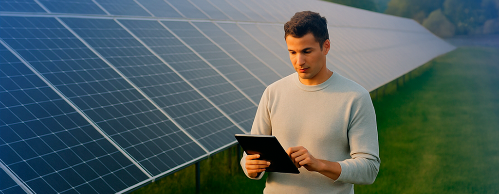 Homem usando tablet ao lado de grandes painéis solares em campo ensolarado, promovendo energia solar e sustentabilidade.