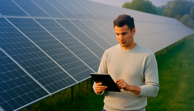 Homem usando tablet ao lado de grandes painéis solares em campo ensolarado, promovendo energia solar e sustentabilidade.