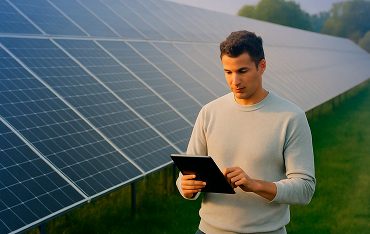 Homem usando tablet ao lado de grandes painéis solares em campo ensolarado, promovendo energia solar e sustentabilidade.
