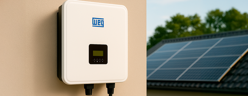Inversor solar WEG branco instalado na parede, ao lado de uma imagem de telhado com painéis solares, destacando a relação entre equipamento e desempenho do sistema.