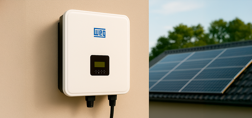 Inversor solar WEG branco instalado na parede, ao lado de uma imagem de telhado com painéis solares, destacando a relação entre equipamento e desempenho do sistema.