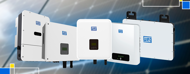 Linha de diferentes modelos de inversores WEG em destaque sobre fundo com painéis solares desfocados, mostrando variedade e foco técnico da marca.