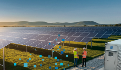 Dois técnicos com capacete inspecionam uma usina solar com fileiras de painéis; ao lado, um contêiner/equipamento industrial, sugerindo operação e novas oportunidades no setor.