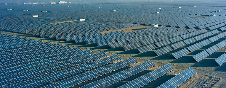Imagem panorâmica de uma grande usina fotovoltaica com muitos painéis solares no solo, destacando escala e possibilidade de ampliação do parque.