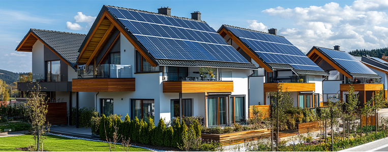 Casas geminadas com painéis solares.