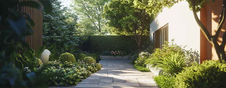 Quintal de casa geminada com árvores e arbustos.
