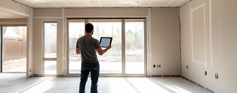 Homem com tablet em uma casa em construção.