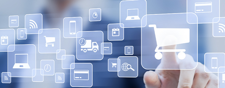 Banner azul com ícones em branco.