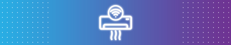 Banner azul e roxo com ar condicionado.