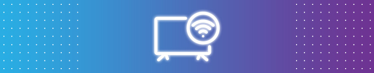 Banner azul e roxo com televisão.