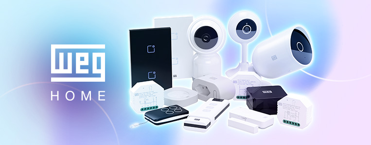 Banner branco e azul com produtos WEG Home.