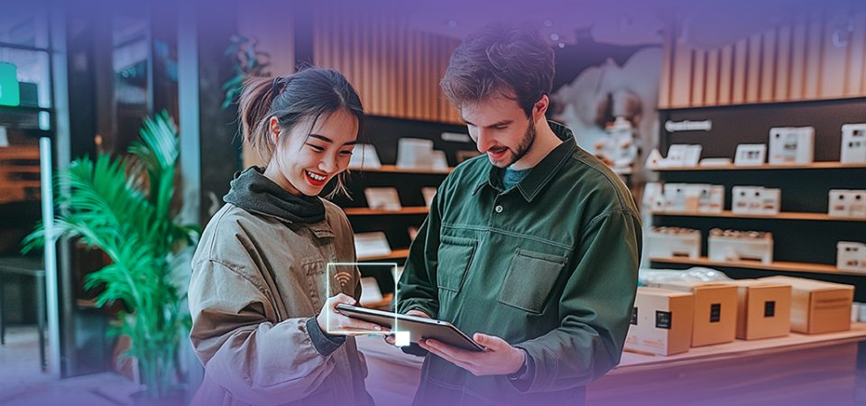 Homem e mulher sorrindo enquanto olham para um smartphone em loja de tecnologia, promovendo inovação e tecnologia para o público.