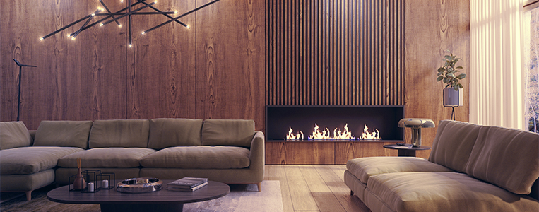 Sala moderna com parede de madeira, lareira a gás e sofá confortável em ambiente de home theater elegante e aconchegante