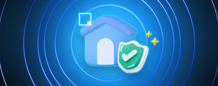 Ilustração digital de uma casa com escudo de proteção e símbolo de check, representando segurança e proteção residencial ou digital.
