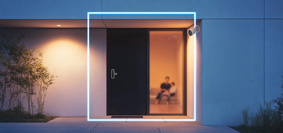 Imagem de uma fachada moderna com iluminação neon azul em volta de uma porta de vidro, mostrando uma pessoa sentada dentro, na fachada de uma casa contemporânea.