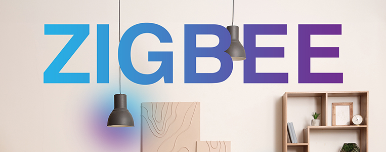 Imagem de um escritório moderno com destaque para a palavra Zigbee escrita na parede, com iluminação moderna e decoração minimalista, promovendo tecnologia IoT.