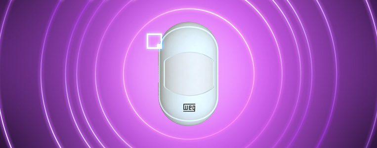 Imagem de um sistema de alarme WEG com ondas de energia azul e roxa ao fundo, destacando a tecnologia de segurança e proteção residencial.