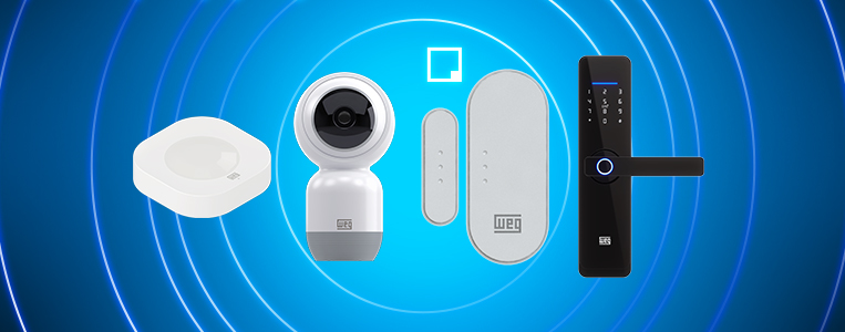 Imagem de dispositivos de segurança inteligente, incluindo câmera, fechadura eletrônica, sensores e controladores, utilizados em sistemas de automação residencial.