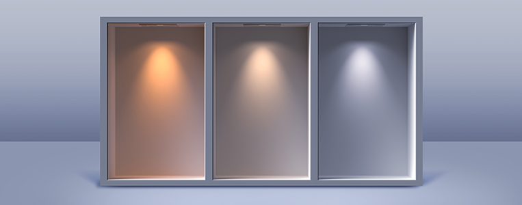 Iluminação com três tons diferentes de luz, incluindo quente, neutro e frio, em uma moldura de vidro, ideal para decoração moderna de interiores.