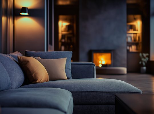 Imagem de uma sala de estar moderna com sofá azul, almofadas e iluminação aconchegante, criando um ambiente confortável e elegante para relaxar.