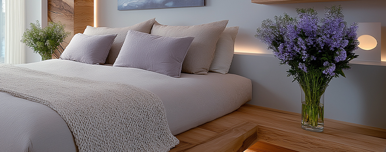 Quarto moderno com cama de casal bem arrumada, almofadas cinza, iluminação aconchegante e arranjos de flores decorativos no ambiente.