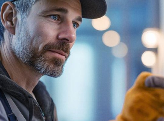 Homem usando boné, jaqueta e luvas de proteção trabalha em uma instalação elétrica, ajustando um componente em uma parede. O ambiente é bem iluminado, com luzes desfocadas ao fundo, transmitindo profissionalismo e concentração no trabalho técnico.