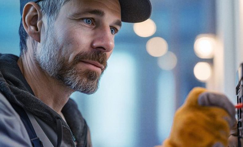 Homem usando boné, jaqueta e luvas de proteção trabalha em uma instalação elétrica, ajustando um componente em uma parede. O ambiente é bem iluminado, com luzes desfocadas ao fundo, transmitindo profissionalismo e concentração no trabalho técnico.