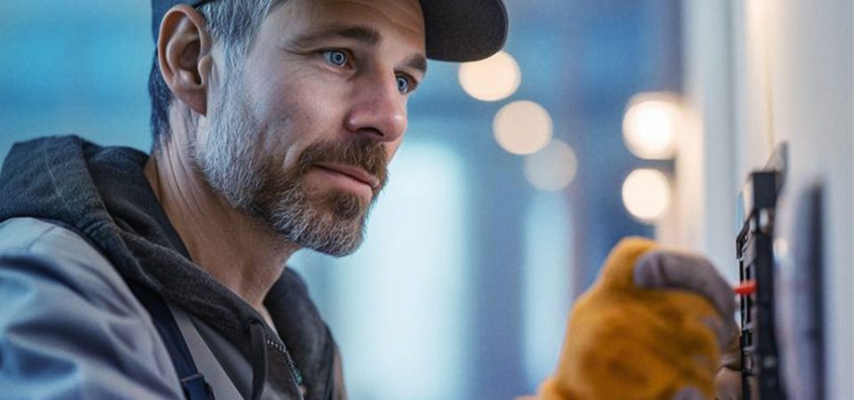 Homem usando boné, jaqueta e luvas de proteção trabalha em uma instalação elétrica, ajustando um componente em uma parede. O ambiente é bem iluminado, com luzes desfocadas ao fundo, transmitindo profissionalismo e concentração no trabalho técnico.