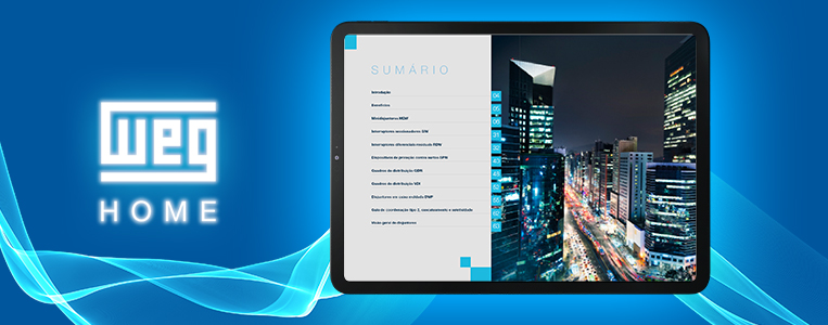 Imagem com fundo azul e o logotipo da WEG à esquerda, acompanhado da palavra “HOME”. À direita, há um tablet mostrando uma tela com o título “Sumário” e uma foto noturna de uma cidade iluminada com prédios altos e avenidas movimentadas. O design transmite tecnologia, modernidade e inovação