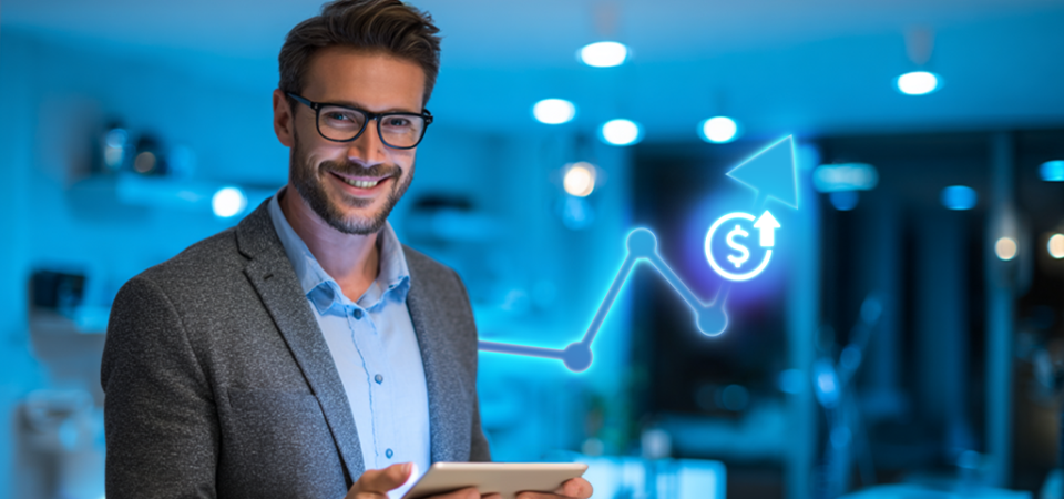 Homem de negócios sorridente usando tablet em ambiente moderno, representando crescimento financeiro e sucesso no mercado.