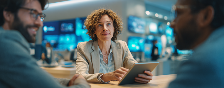 Mulher de cabelos cacheados usando tablet em reunião de negócios com dois homens ao redor, em ambiente de escritório moderno e tecnológico.