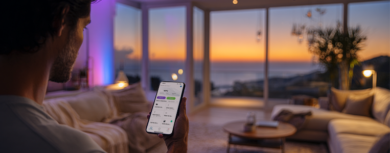 Pessoa segurando um smartphone com app de casa inteligente em uma sala com vista para o pôr do sol, indicando controle do ambiente para bem-estar.
