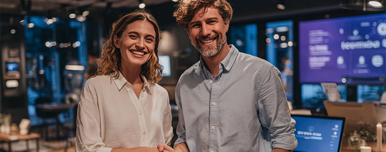 Homem e mulher de negócios sorridentes apertando as mãos em ambiente de escritório moderno, representando networking, parcerias e sucesso profissional.